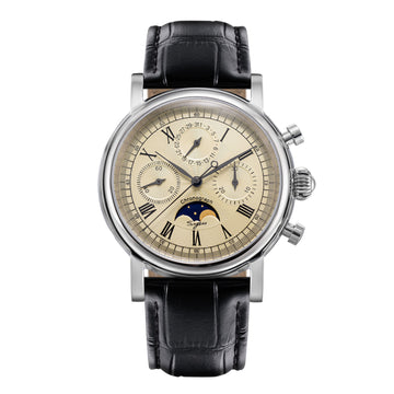 A stylish analog watch with a creamy dial featuring a moon phase display, a date indicator, and a 30 minutes chronograph. The watch has a stainless steel case, a sapphire crystal glass cover, and a black genuine leather band with a butterfly buckle.