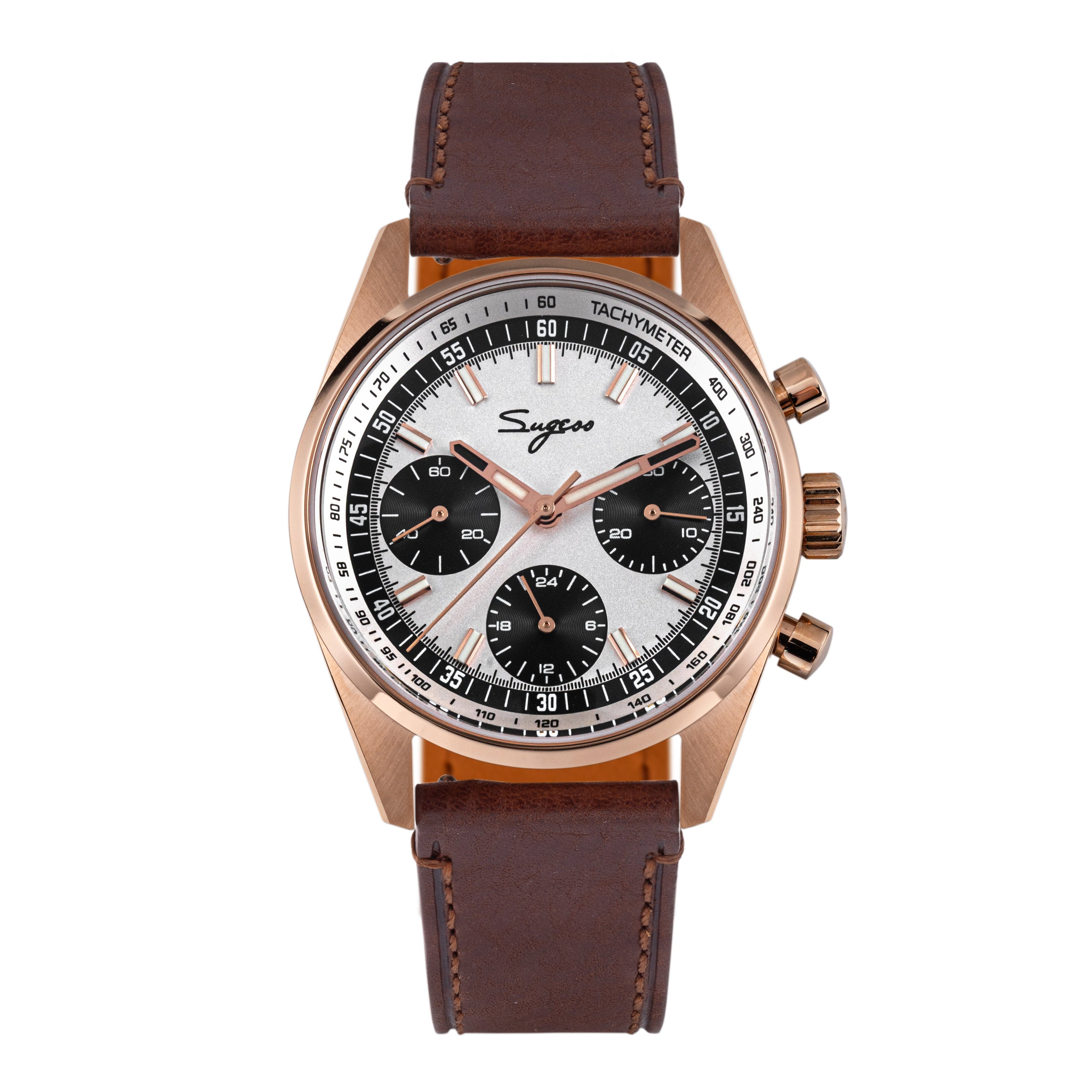 ssです^^ Sugess S465 Chronograph Rose Gold Panda Dial Rose Leather Strap