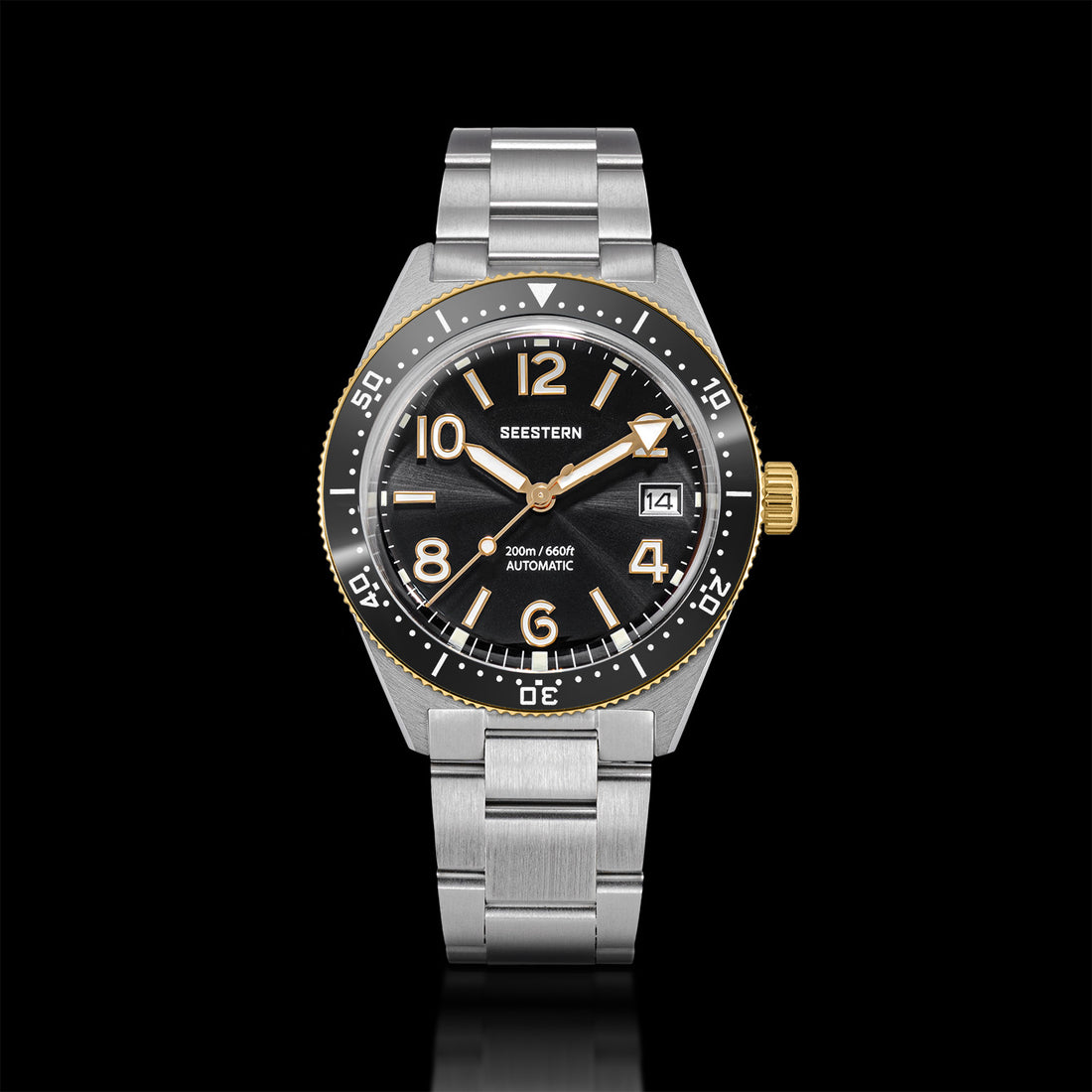 Seestern S434-2 Stainless-Steel Black Dial Gold Bezel Professional Diver Automatic 200m Water Resistant