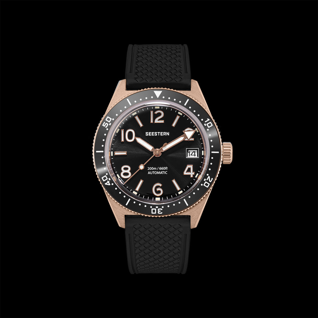 Seestern S434-2 Rose Gold Black Dial Rubber Band Professional Diver Automatic 200m Water Resistant