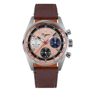 Sugess S465 Chronograph Stainless Steel Special Champagne Dial Silver Hand Brown Strap