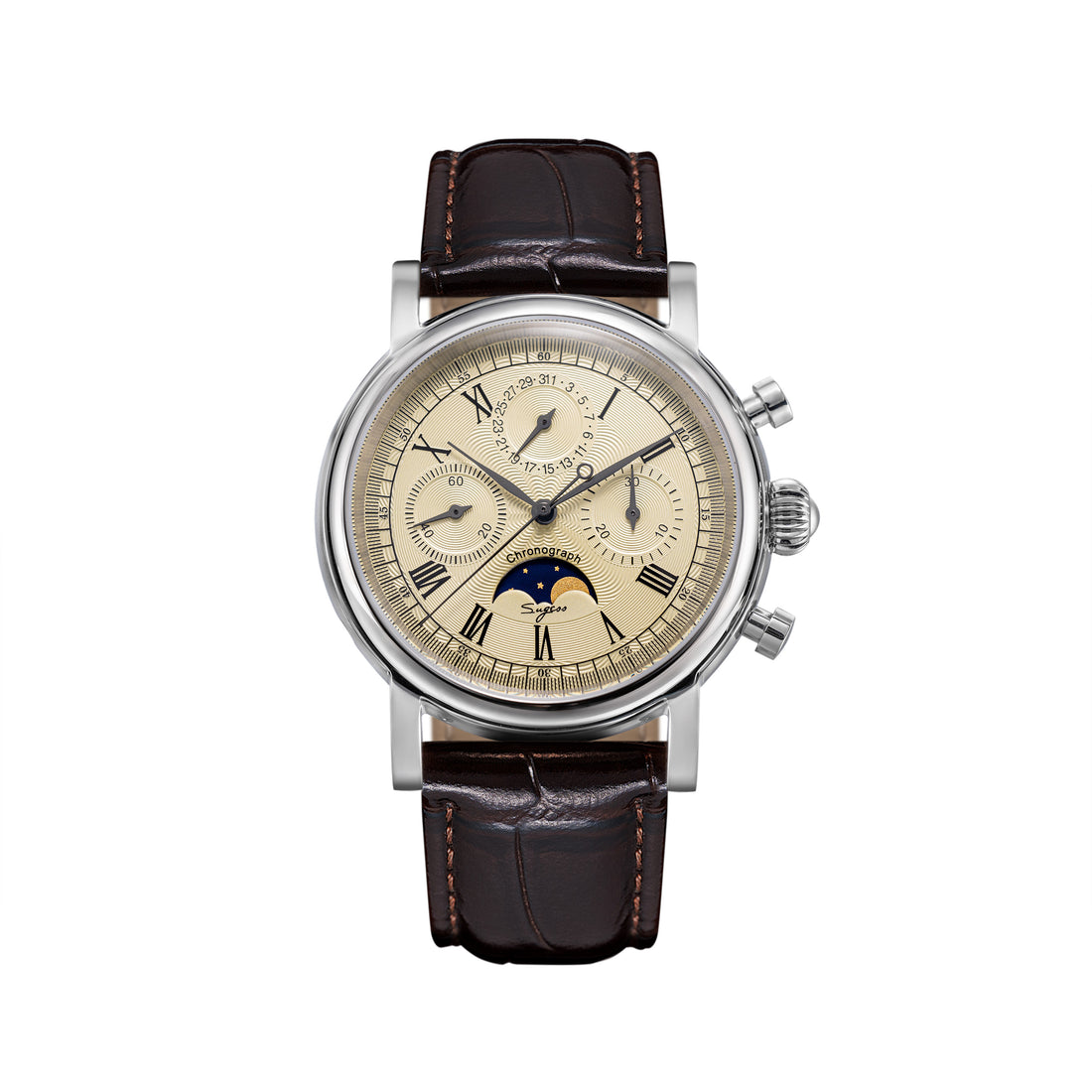 A stylish analog watch with a creamy dial featuring a moon phase display, a date indicator, and a 30 minutes chronograph. The watch has a stainless steel case, a sapphire crystal glass cover, and a black genuine leather band with a butterfly buckle.