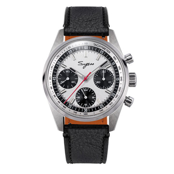 Sugess S465 Chronograph Stainless Steel Panda Dial Silver Hand Black Leather