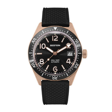 Seestern S434-2 Rose Gold Black Dial Rubber Band Professional Diver Automatic 200m Water Resistant
