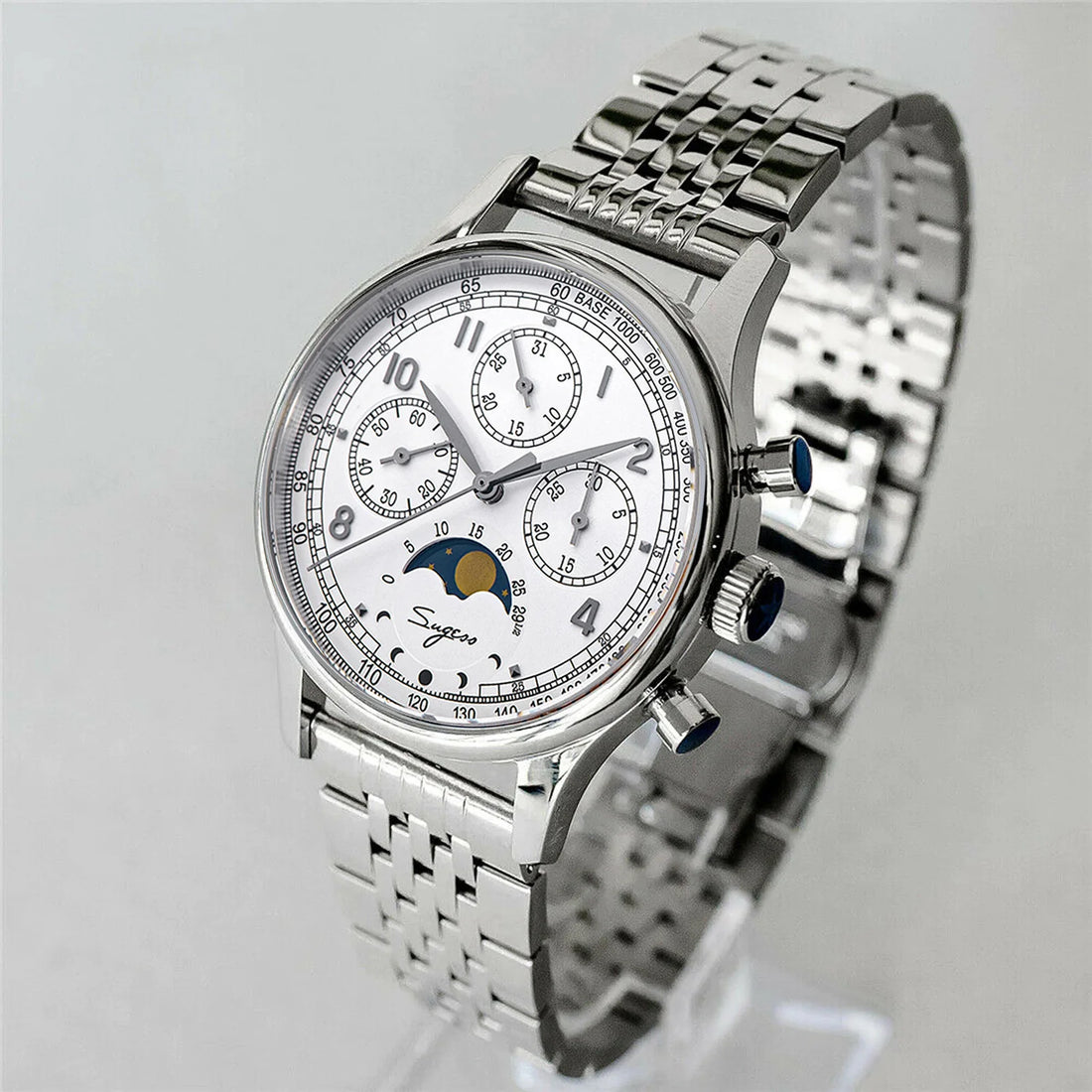 MoonPhase Master S389-2 White Dial Swan Neck Regulator Bracelet