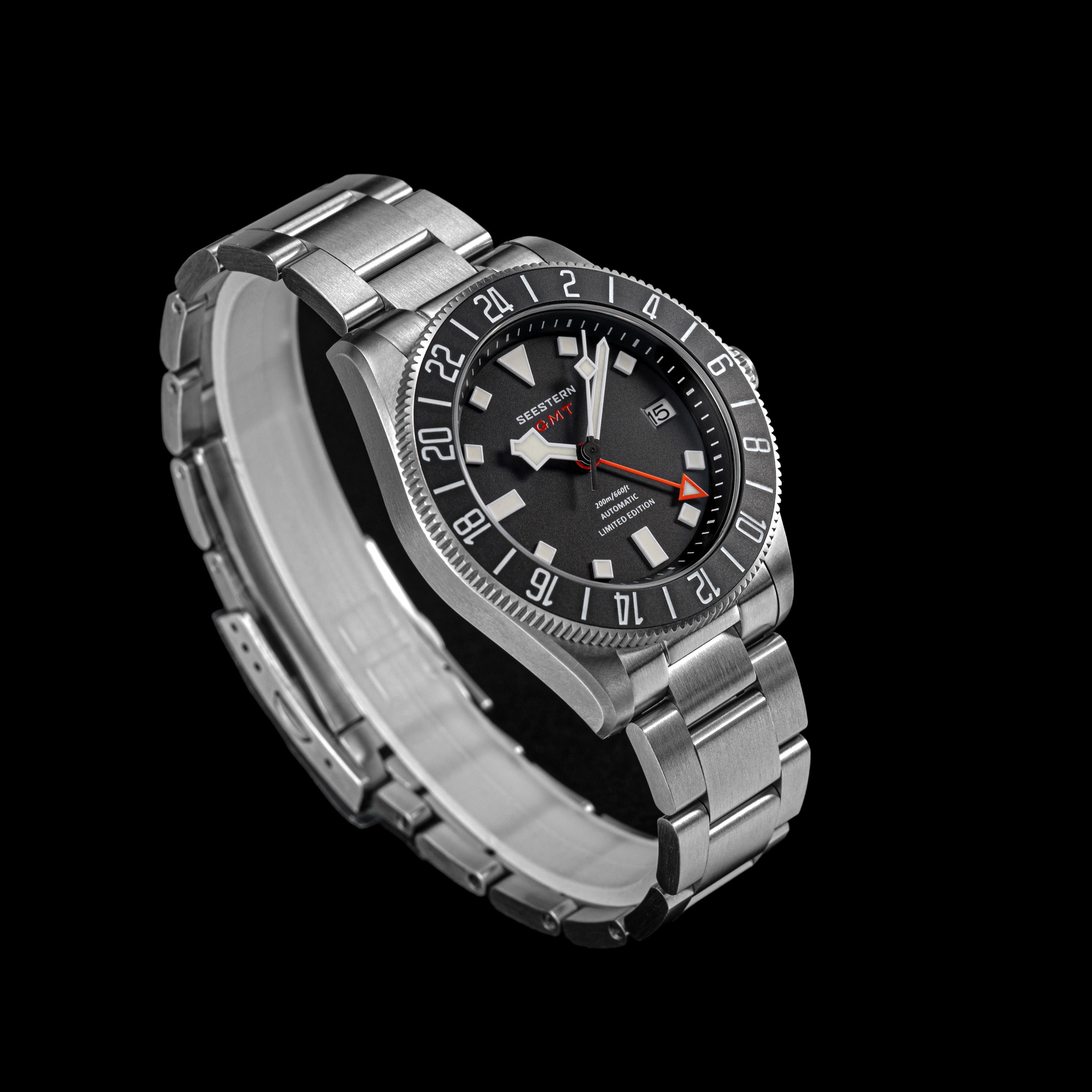 Seestern S462 Titanium Professional GMT Diver Black Dial Black Bezel L