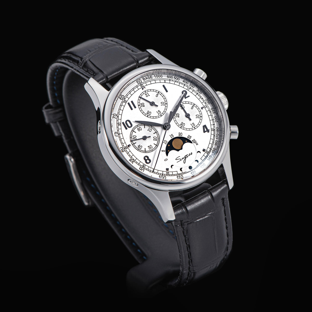 Montre Sugess Phases De Lune - Mécanique Automatique - Acier, Cuir Noir - 40 Mm - Neuf Avec Boîte