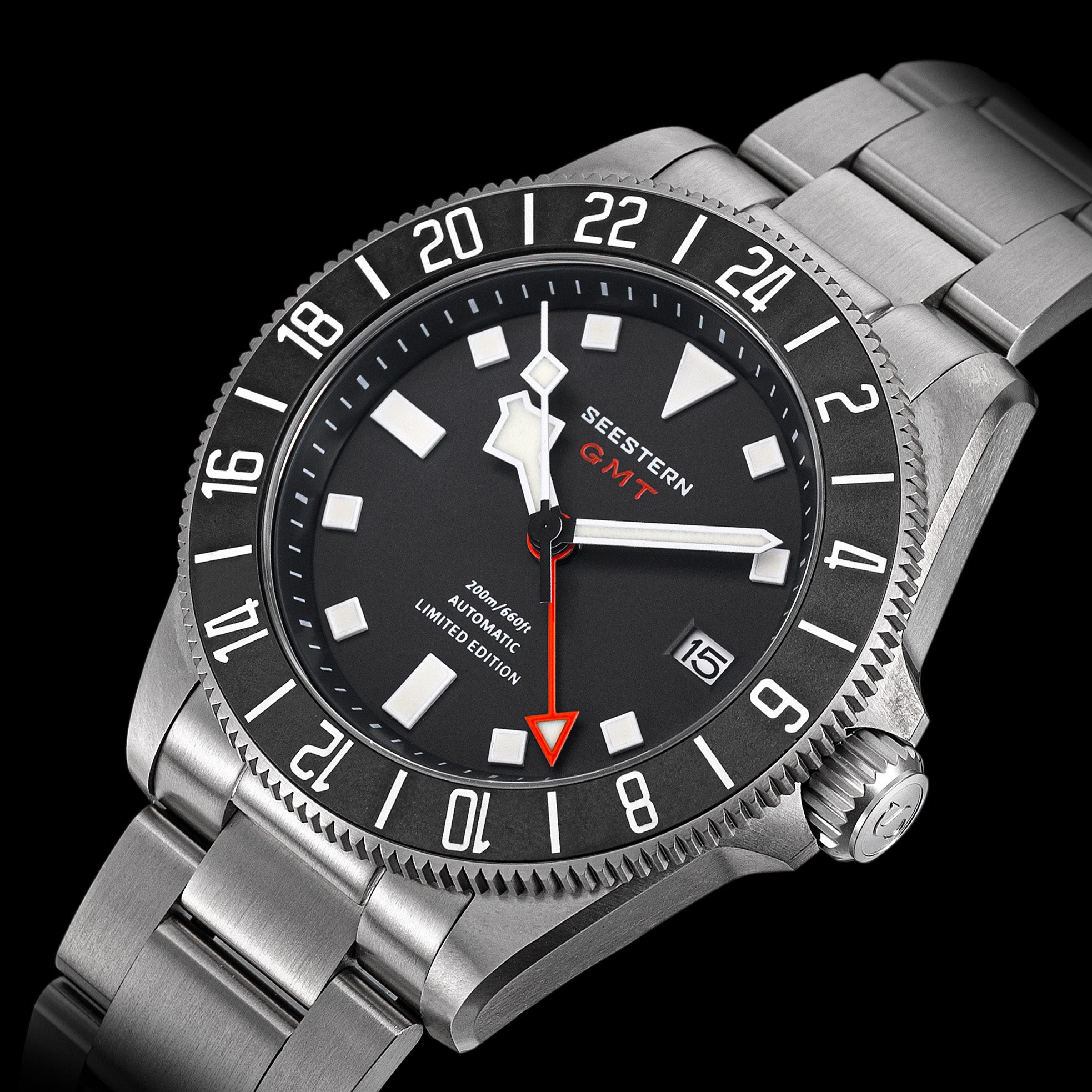 Seestern S462 Titanium Professional GMT Diver Black Dial Black Bezel L