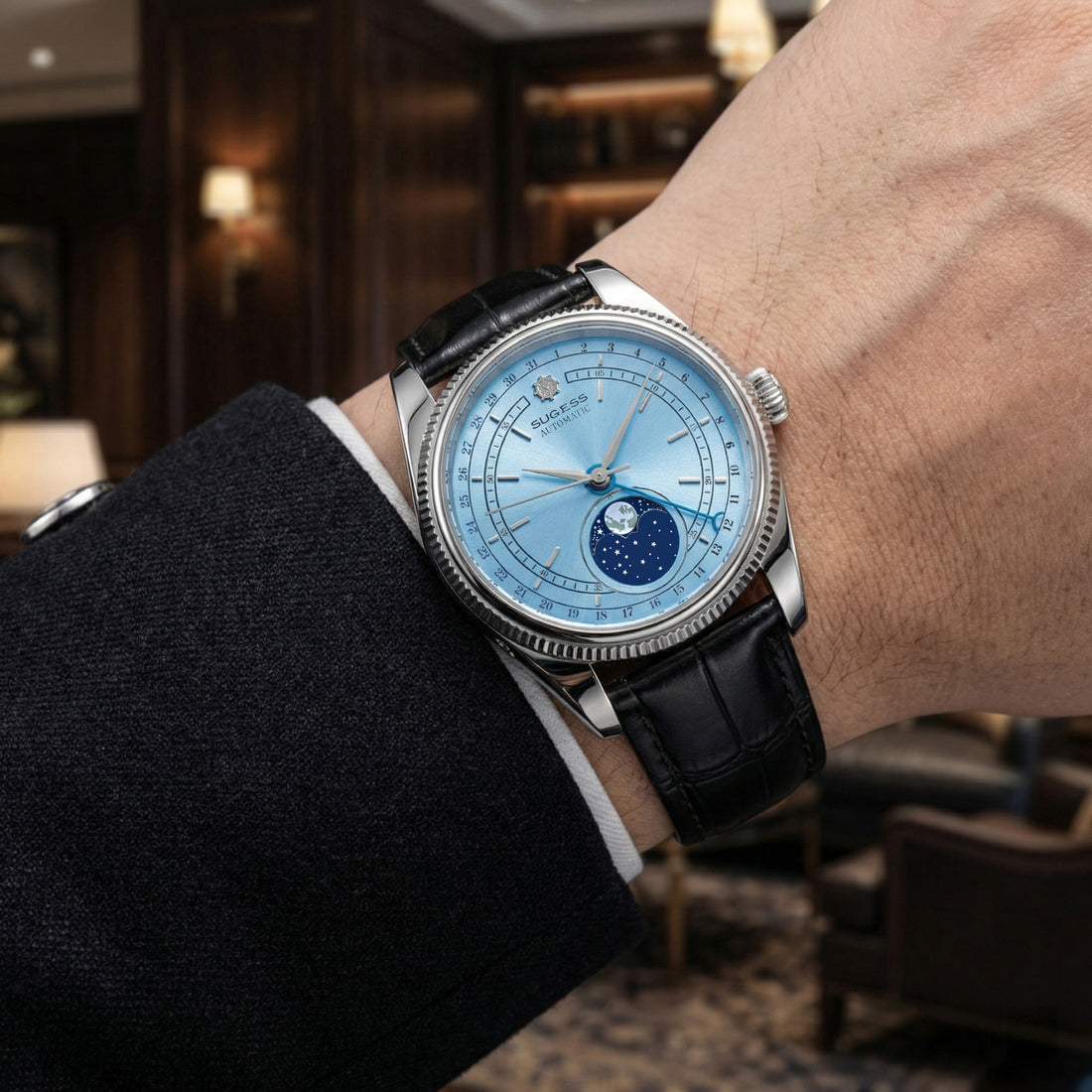 MoonPhase Master S452 Stainless-Steel Light Blue Dial Black Strap