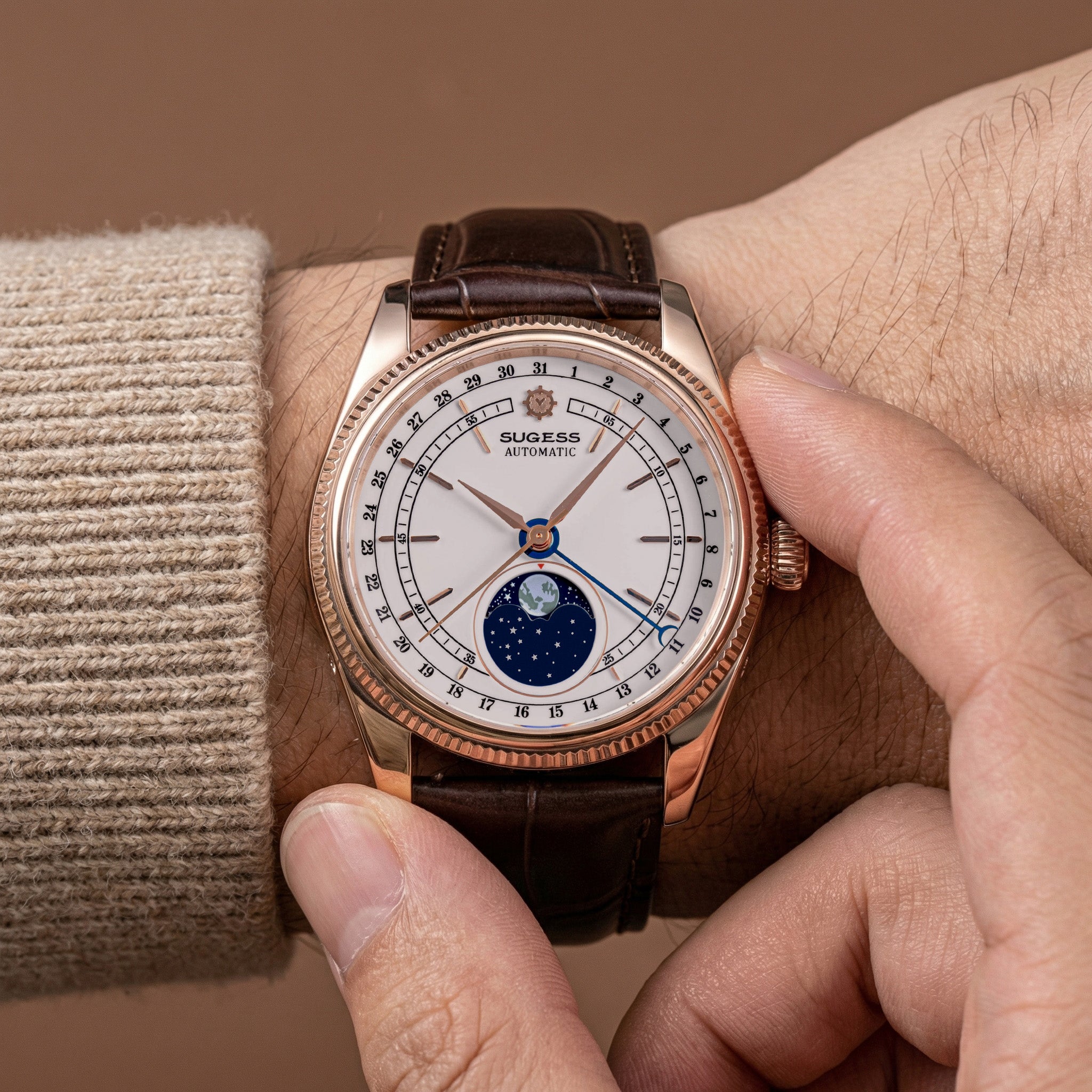 MoonPhase Master S452 Rose Gold White Dial Brown Strap