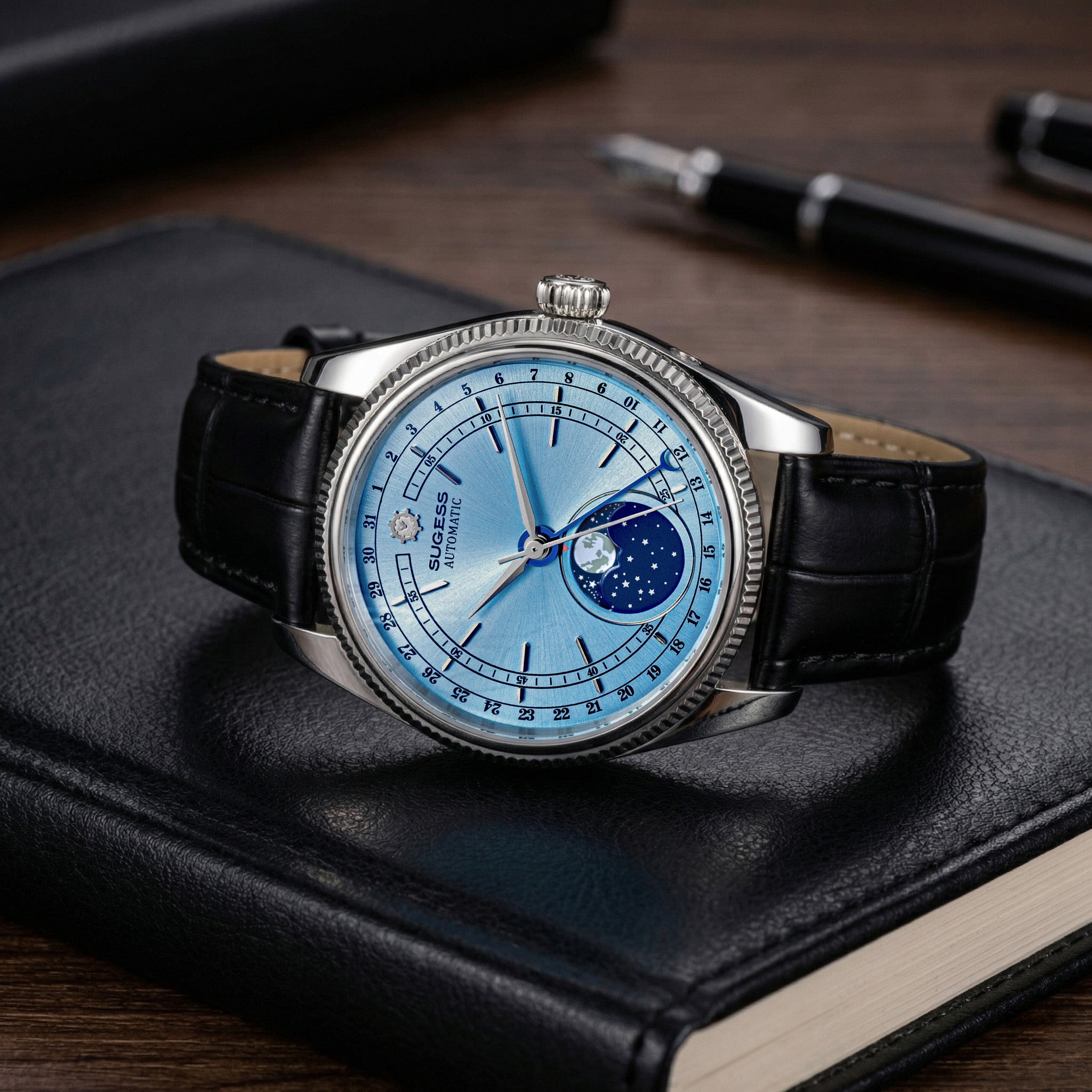 MoonPhase Master S452 Stainless-Steel Light Blue Dial Black Strap