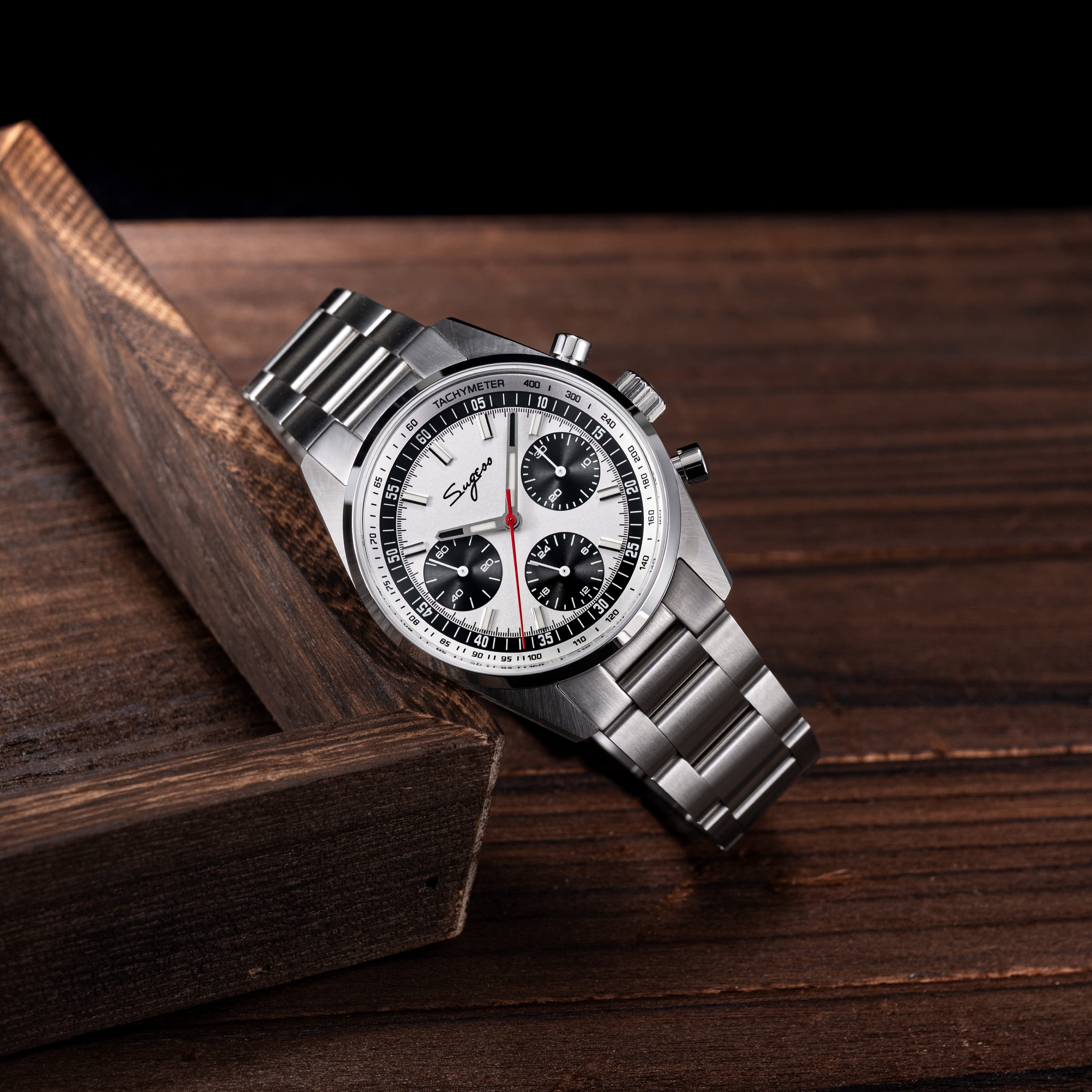 Sugess S465 Chronograph Stainless Steel Panda Dial Silver Hand