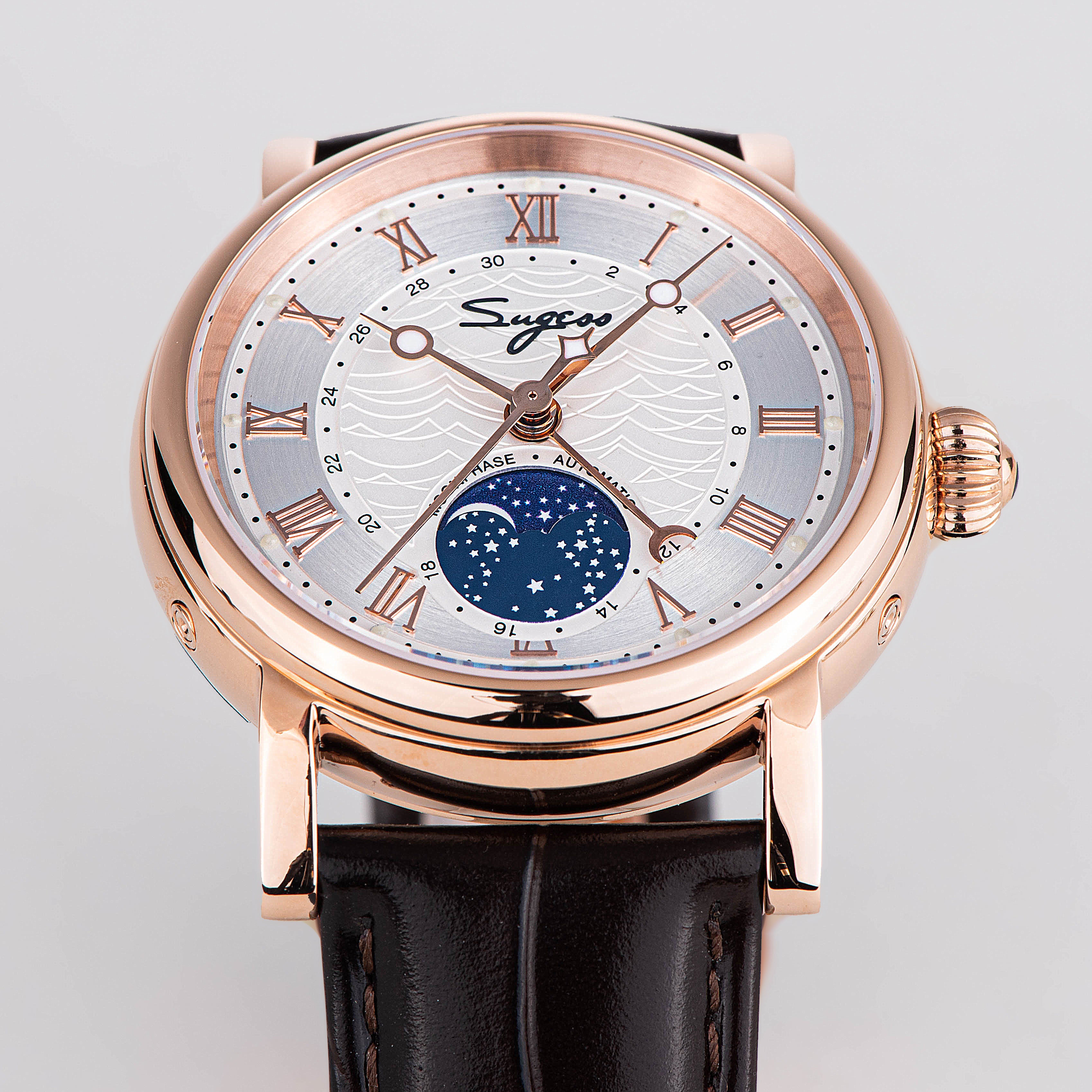 Sugess Luminous Moonphase Seagull ST2108 Movement Watch SU2108GZ