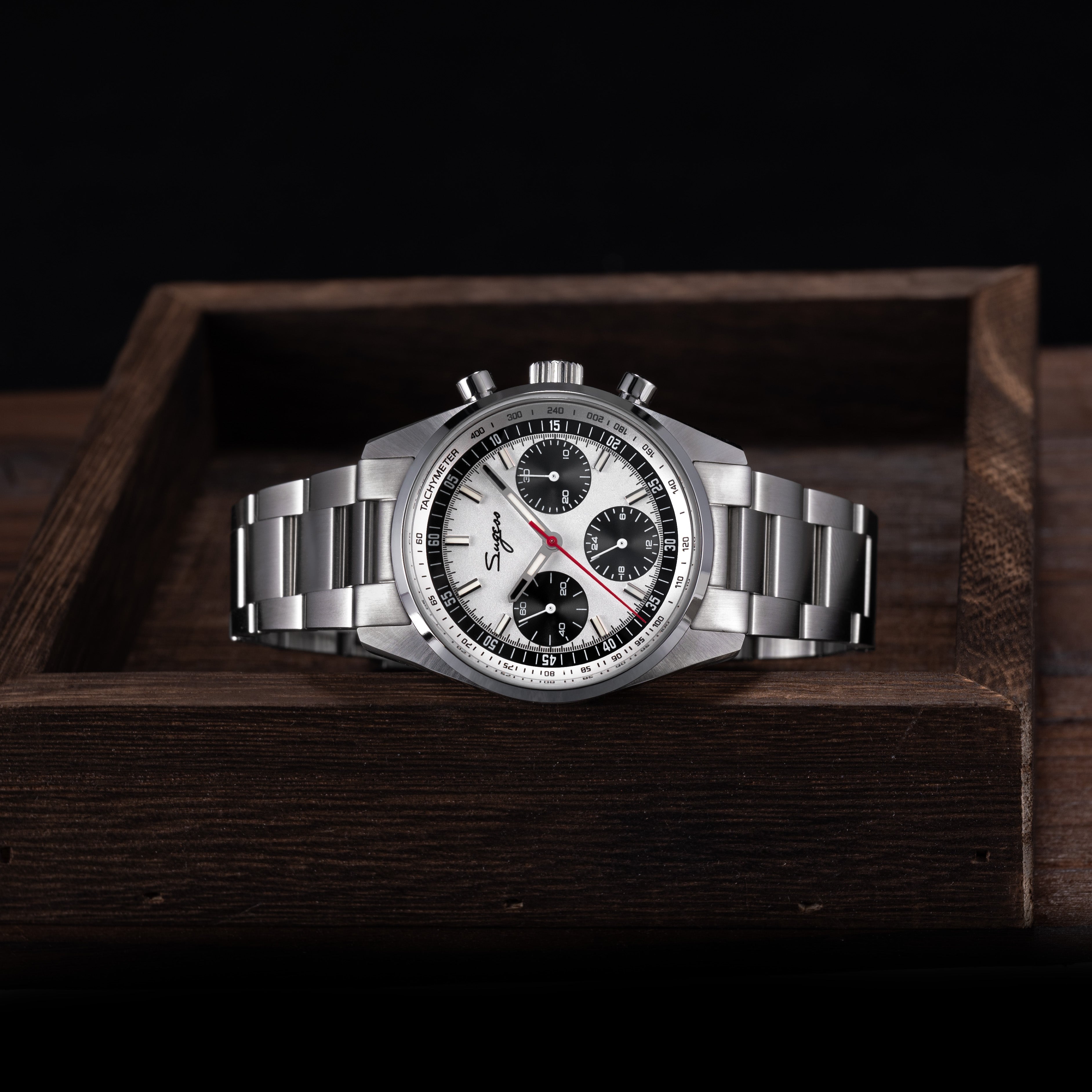 Sugess S465 Chronograph Stainless Steel Panda Dial Silver Hand