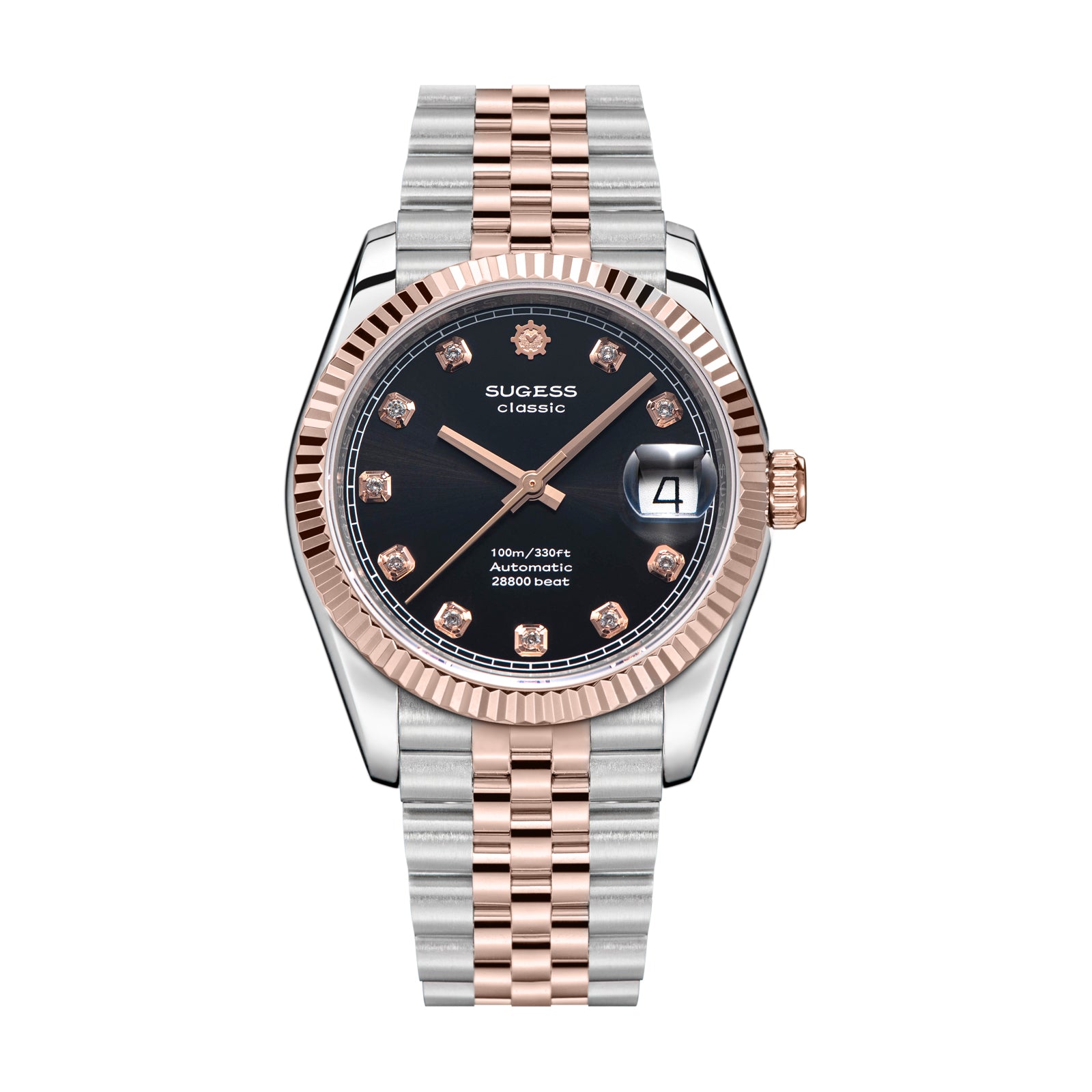 Automatic Classic S447 Black Dial Crystal Indices Rose Gold Two Tone Fluted Bezel Jubilee Bracelet ST2130