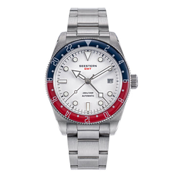 Seestern S478 GMT Blue Red Sapphire Bezel White Dial