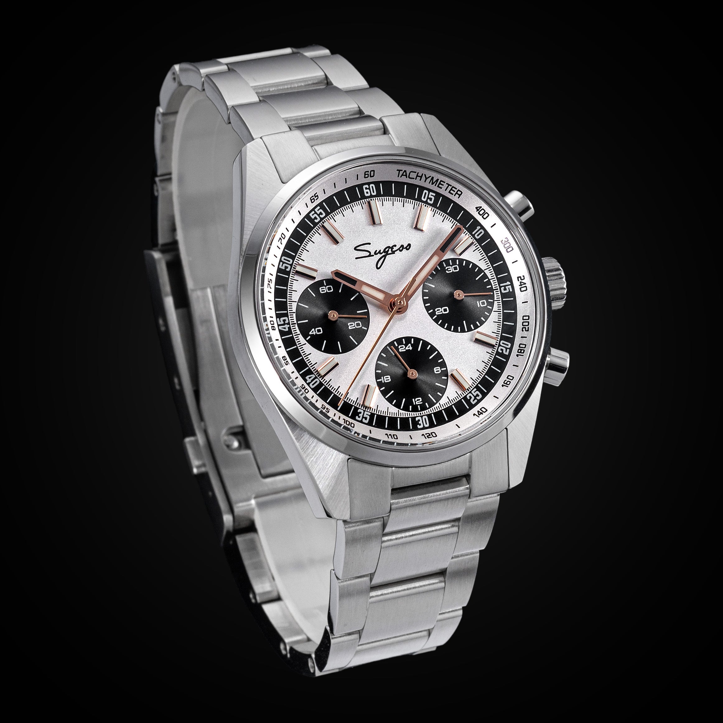 Sugess S465 Chronograph Stainless Steel Black Dial Rose Gold Hand