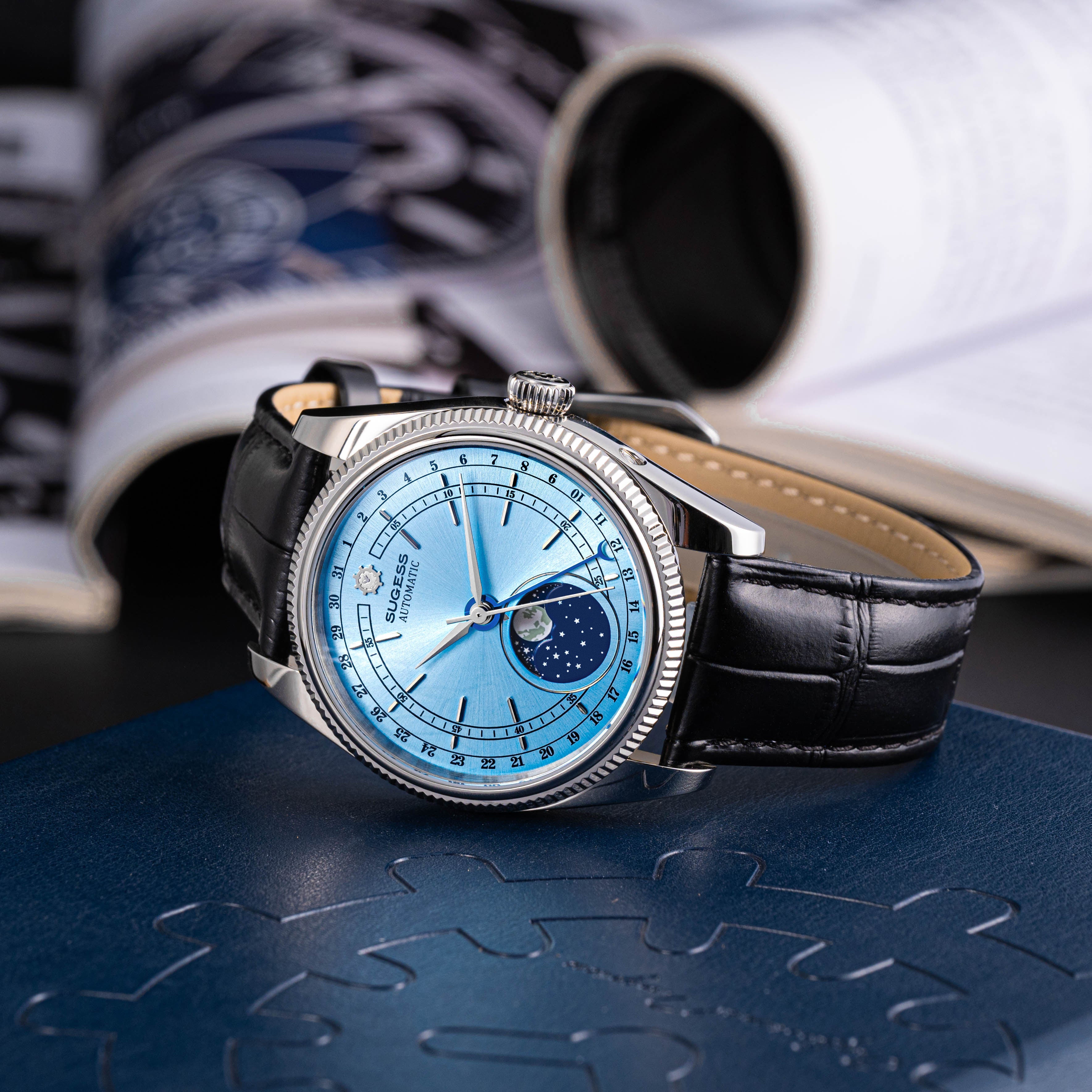 MoonPhase Master S452 Stainless-Steel Light Blue Dial Black Strap