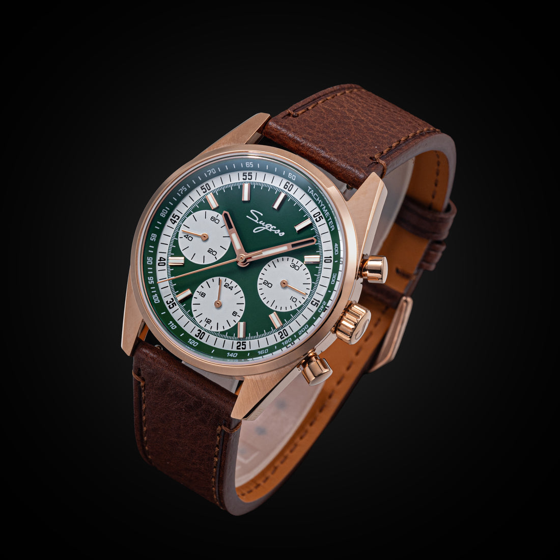 Sugess S465 Chronograph Rose Gold Green Dial Rose Leather Strap