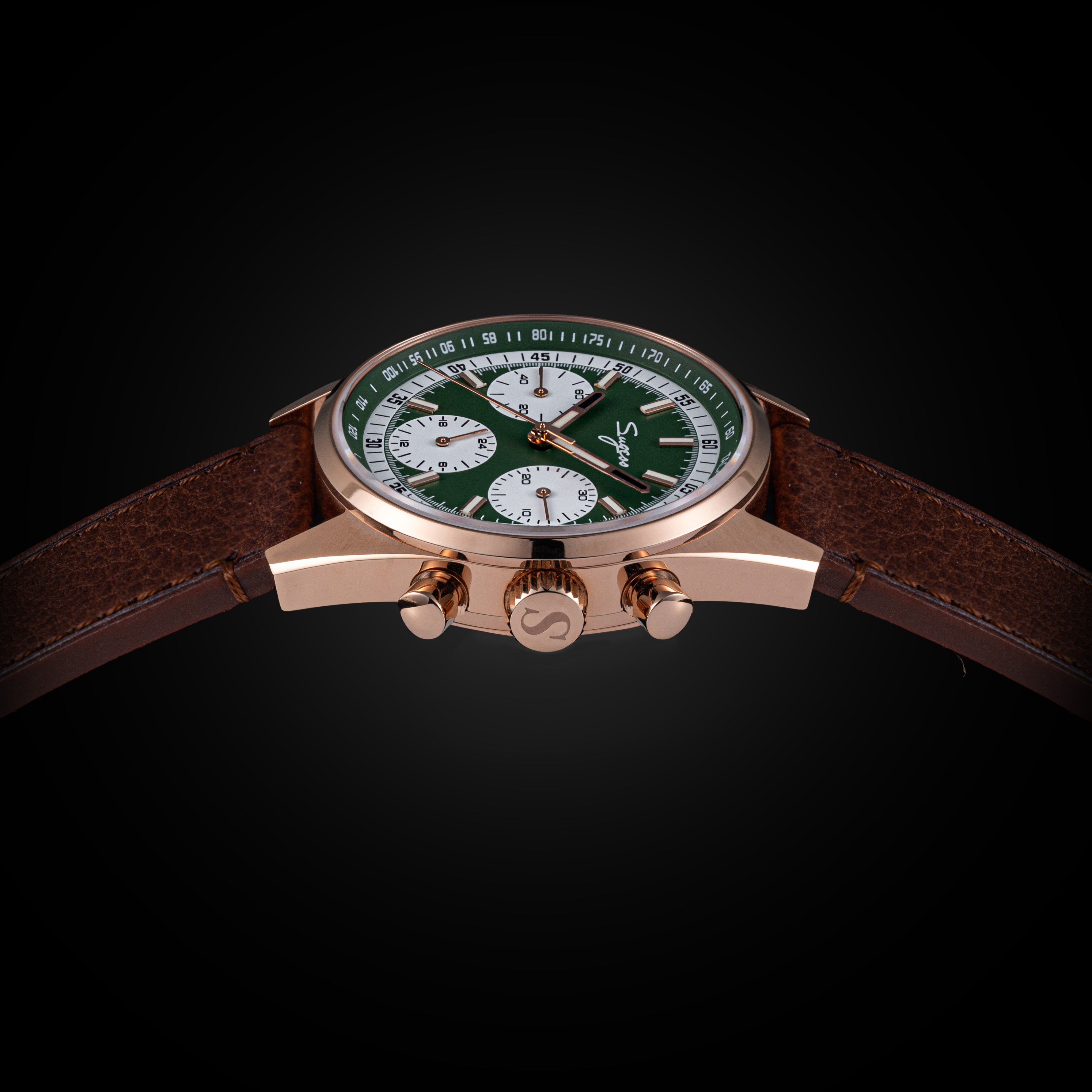 Sugess S465 Chronograph Rose Gold Green Dial Rose Leather Strap