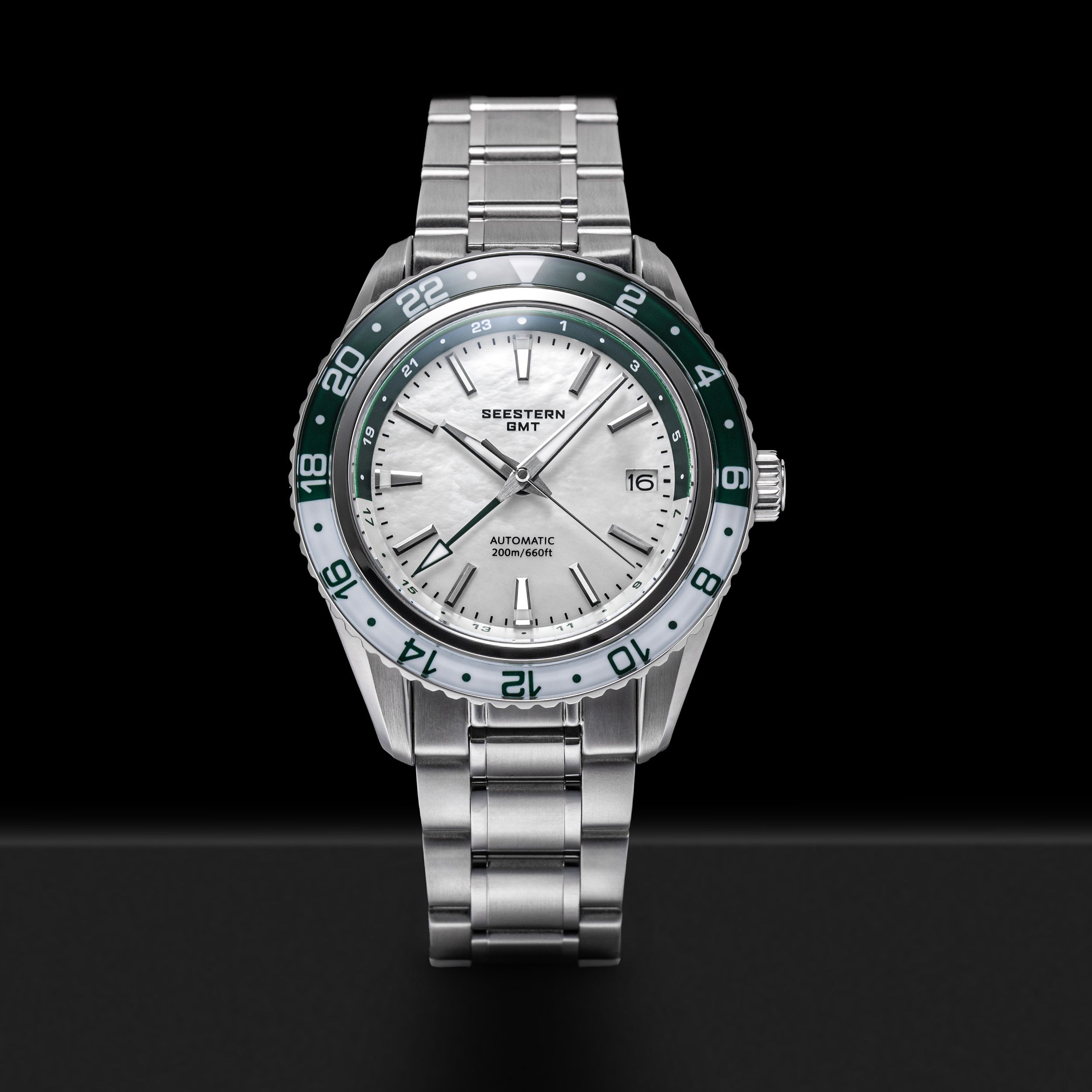 Seestern S456 GMT Automatico Acciaio Data Verde Bianco