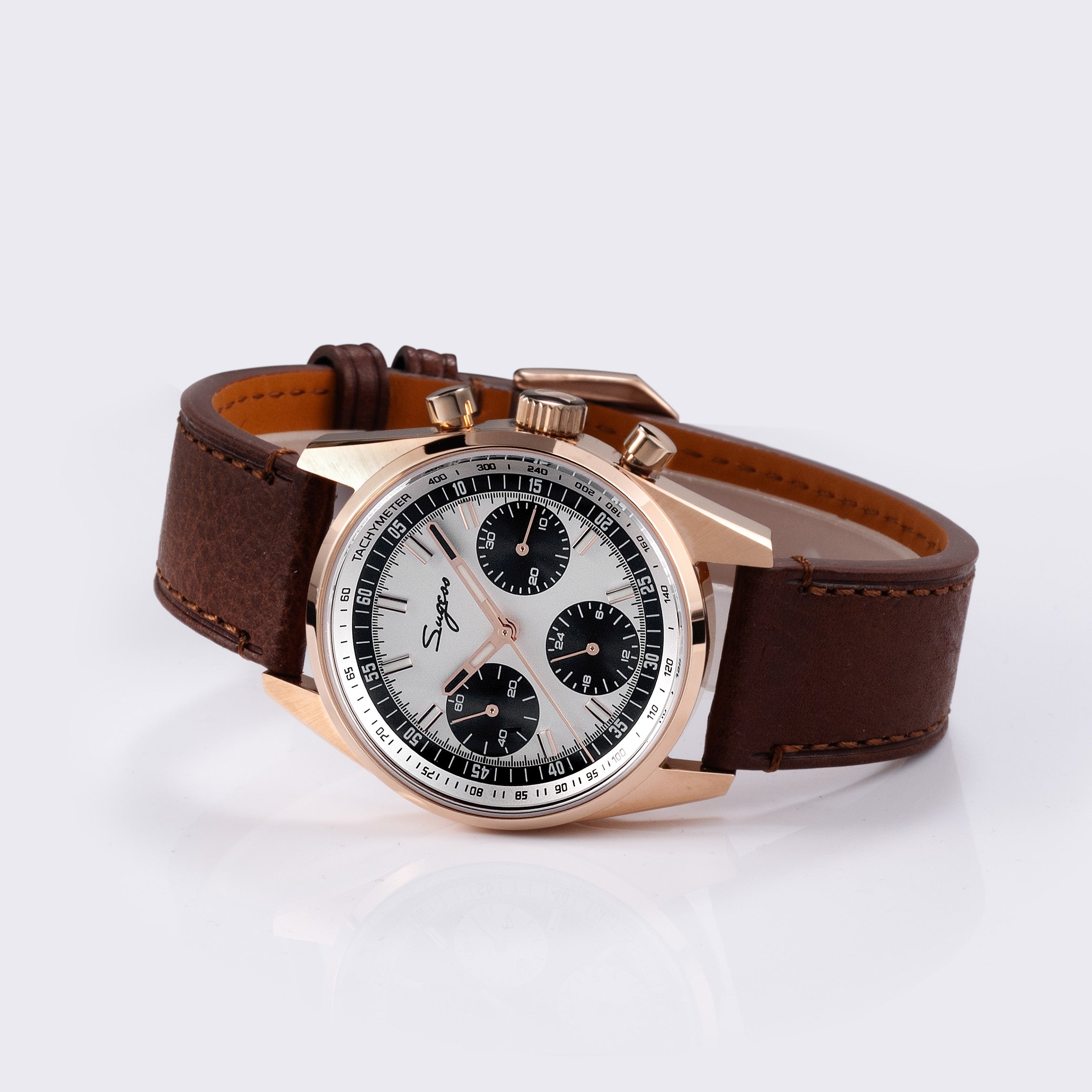Sugess S465 Chronograph Rose Gold Panda Dial Rose Leather Strap