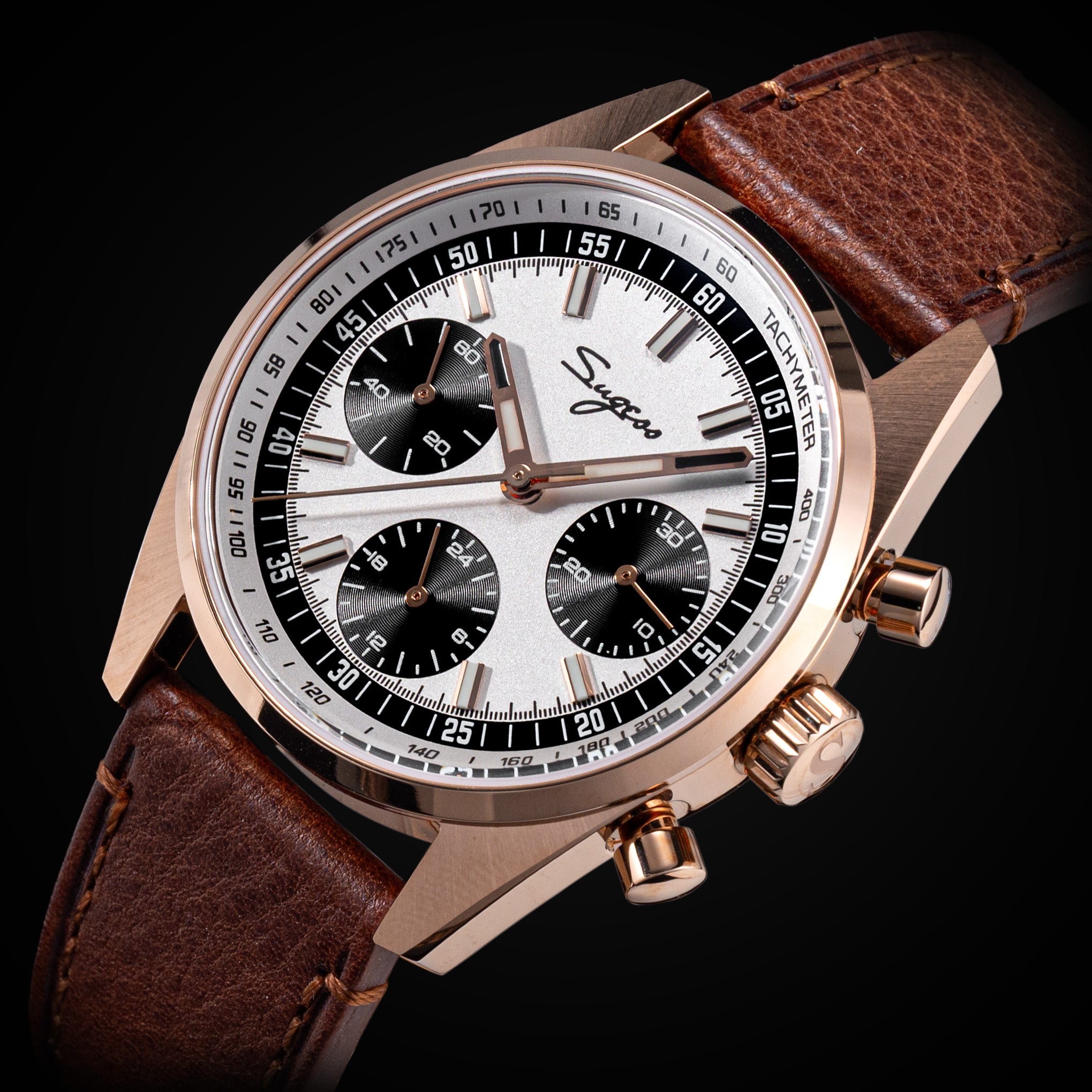 Sugess S465 Chronograph Rose Gold Panda Dial Rose Leather Strap