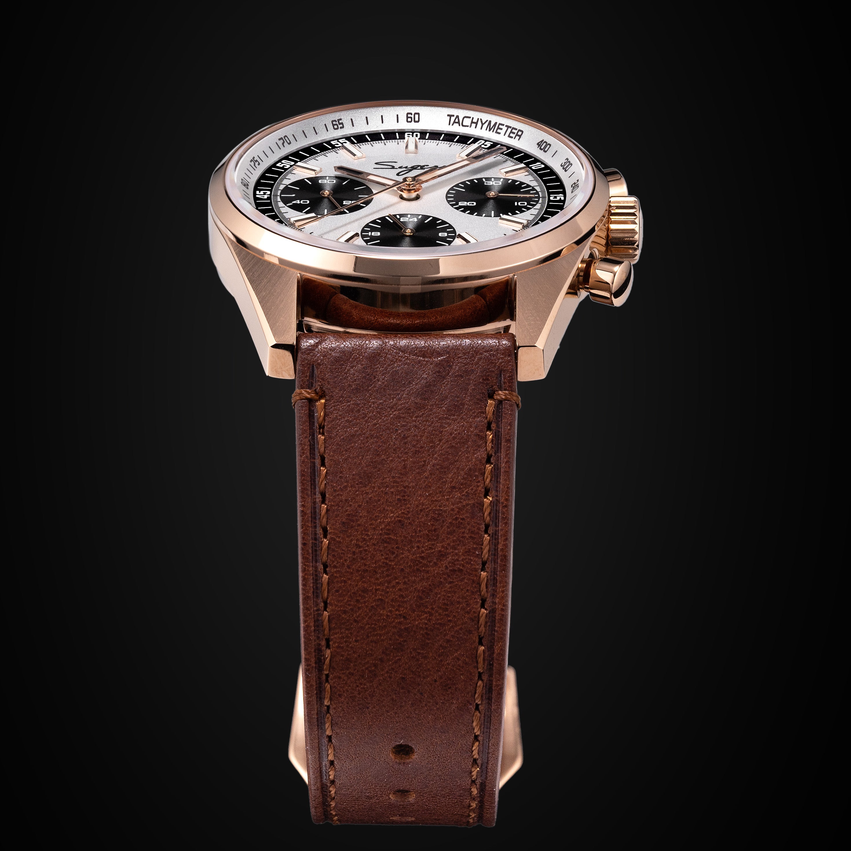 砂です Sugess S465 Chronograph Rose Gold Panda Dial Rose Leather Strap