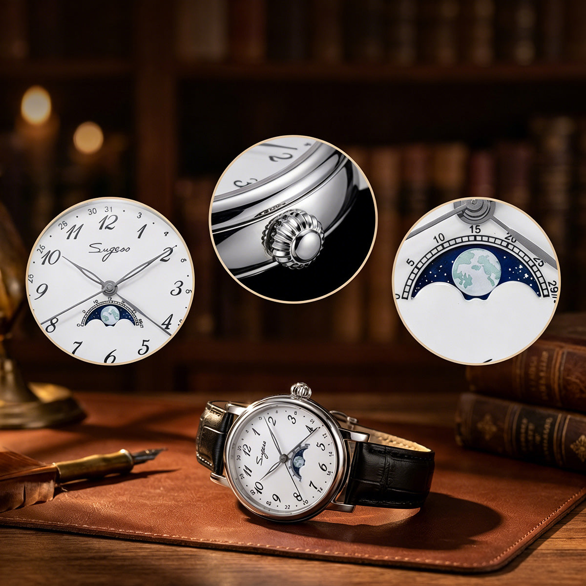 Sugess Luminous Moonphase Seagull ST2108 Movement Watch SU2108SK