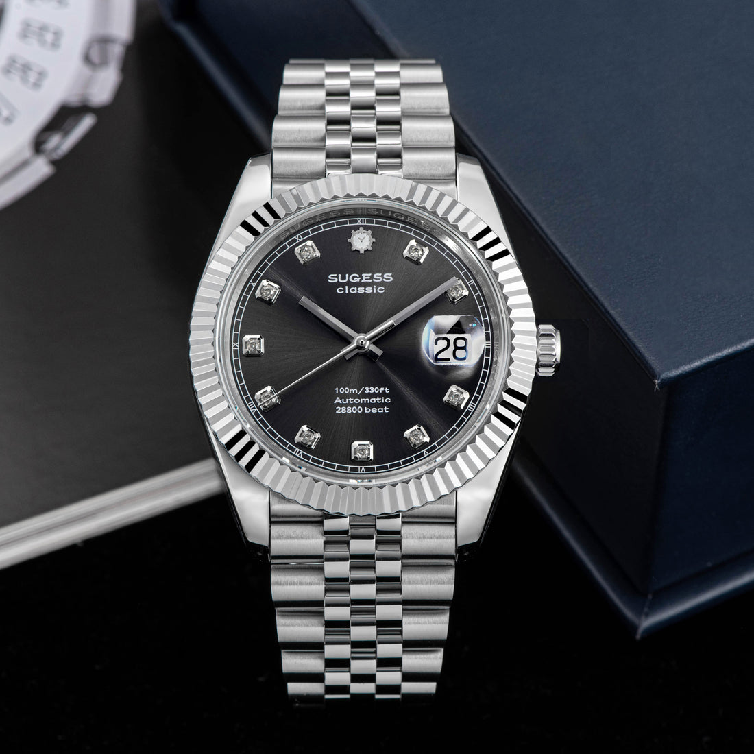 Automatic Classic S448 Grey Dial Crystal Indices Fluted Bezel Jubilee Bracelet ST2130