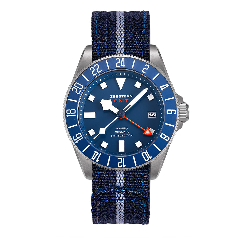 Seestern S462 Titanium Professional GMT Diver Blue Dial Blue Bezel Limited Edition Nylon Strap