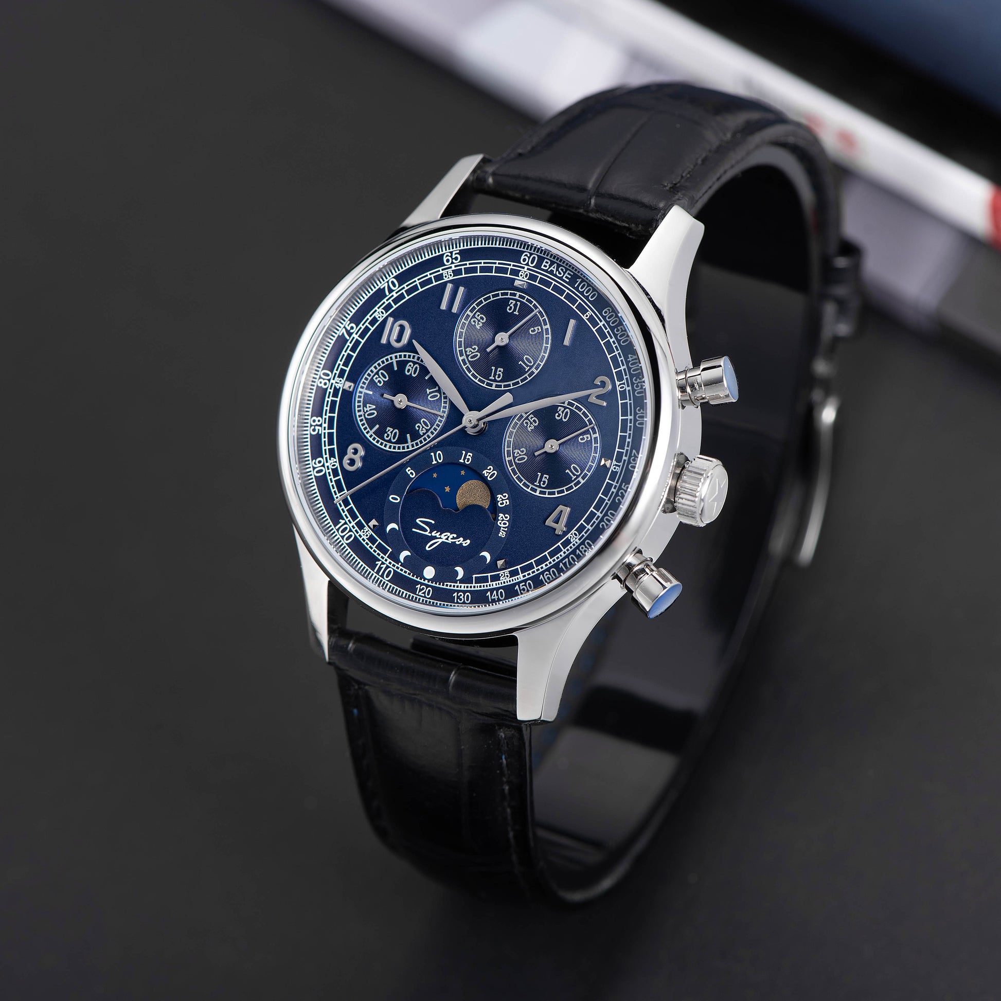 MoonPhase Master 389 2 Deep Blue Swan Neck Regulator Sugess Watch