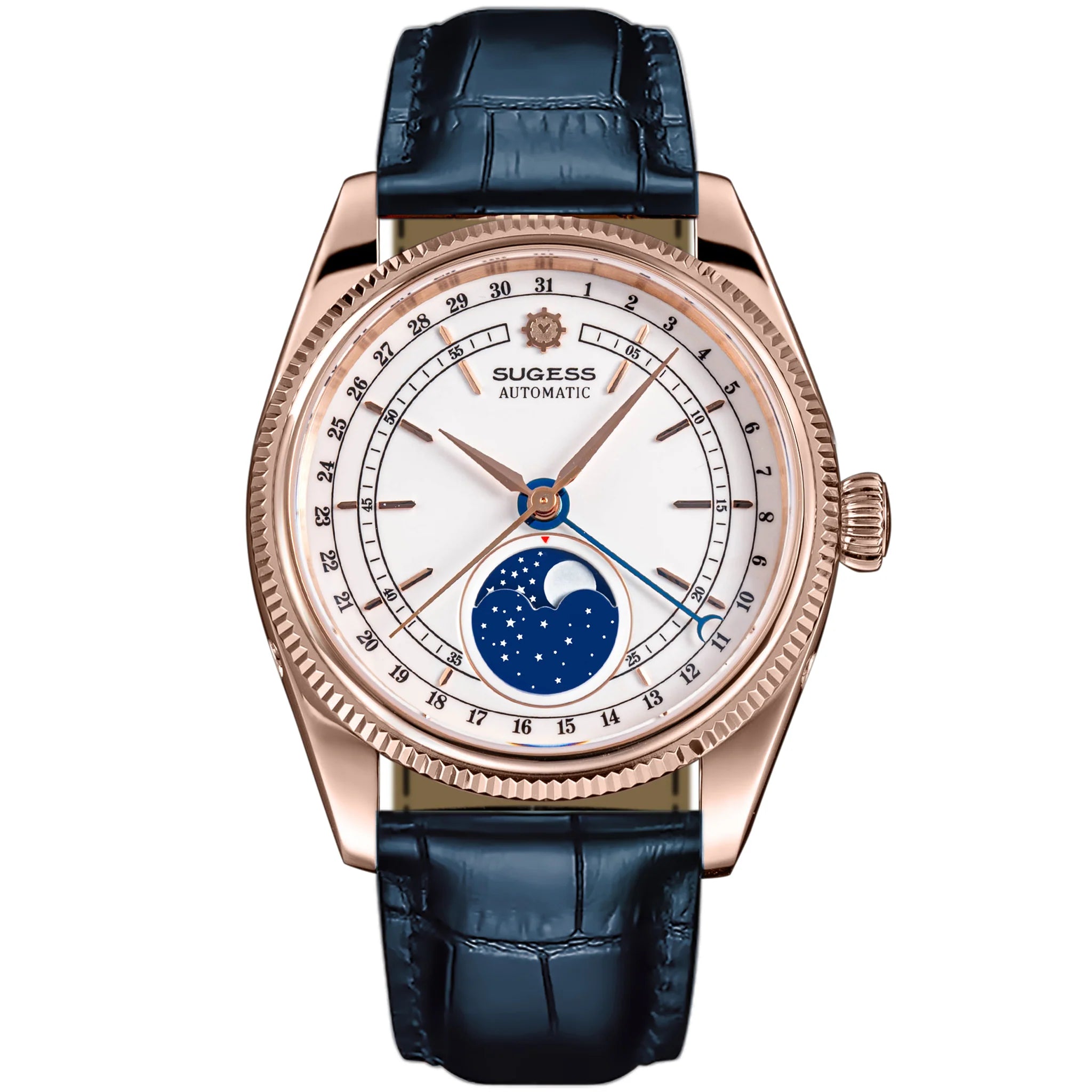 MoonPhase Master S452 Rose Gold White Dial Deep Blue Strap