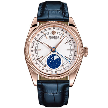 MoonPhase Master S452 Rose Gold White Dial Deep Blue Strap