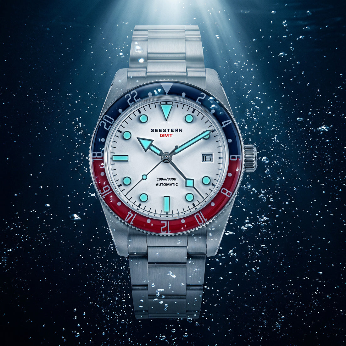 Seestern S478 GMT Blue Red Sapphire Bezel White Dial
