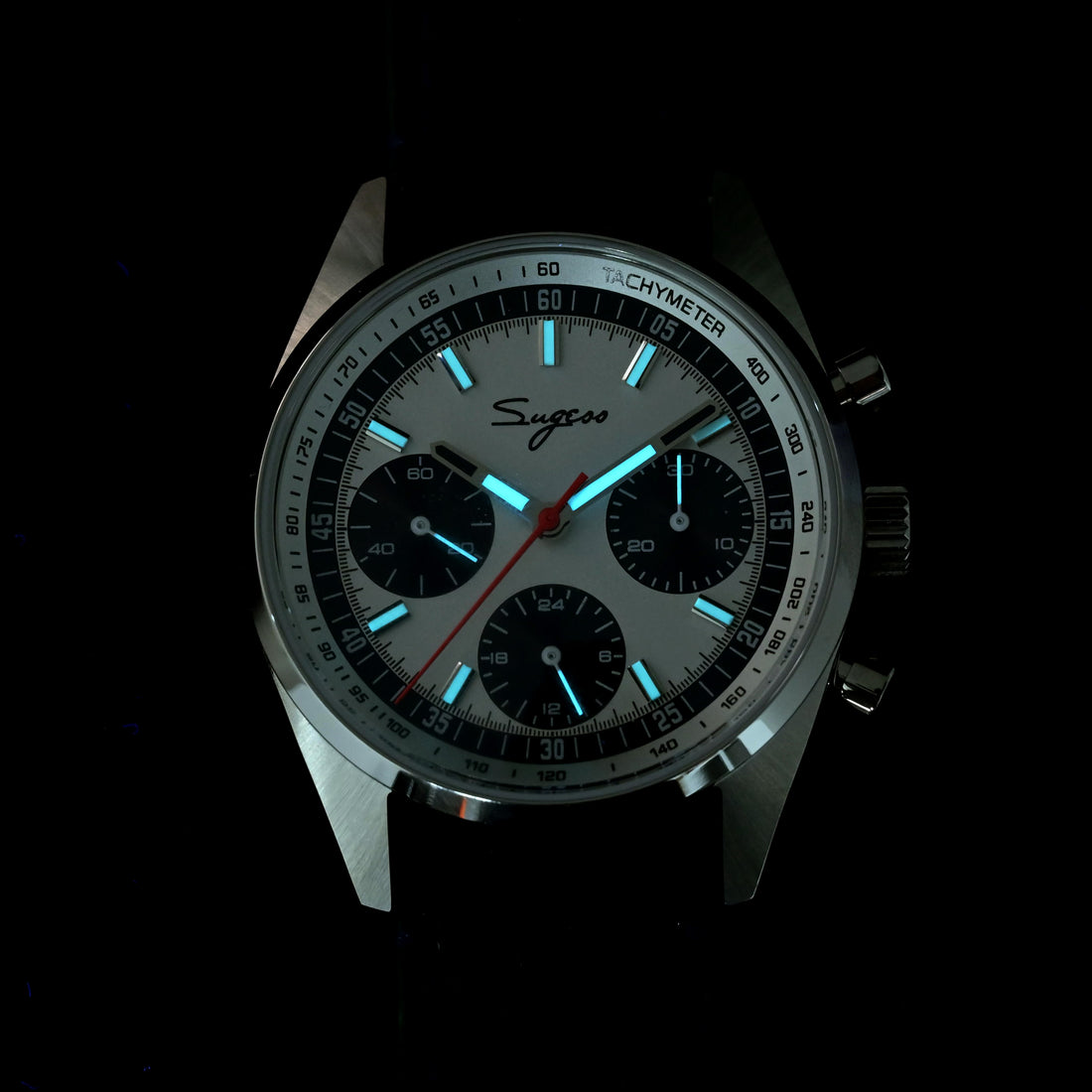 Sugess S465 Chronograph Stainless Steel Black Dial Silver Hand Black Leather