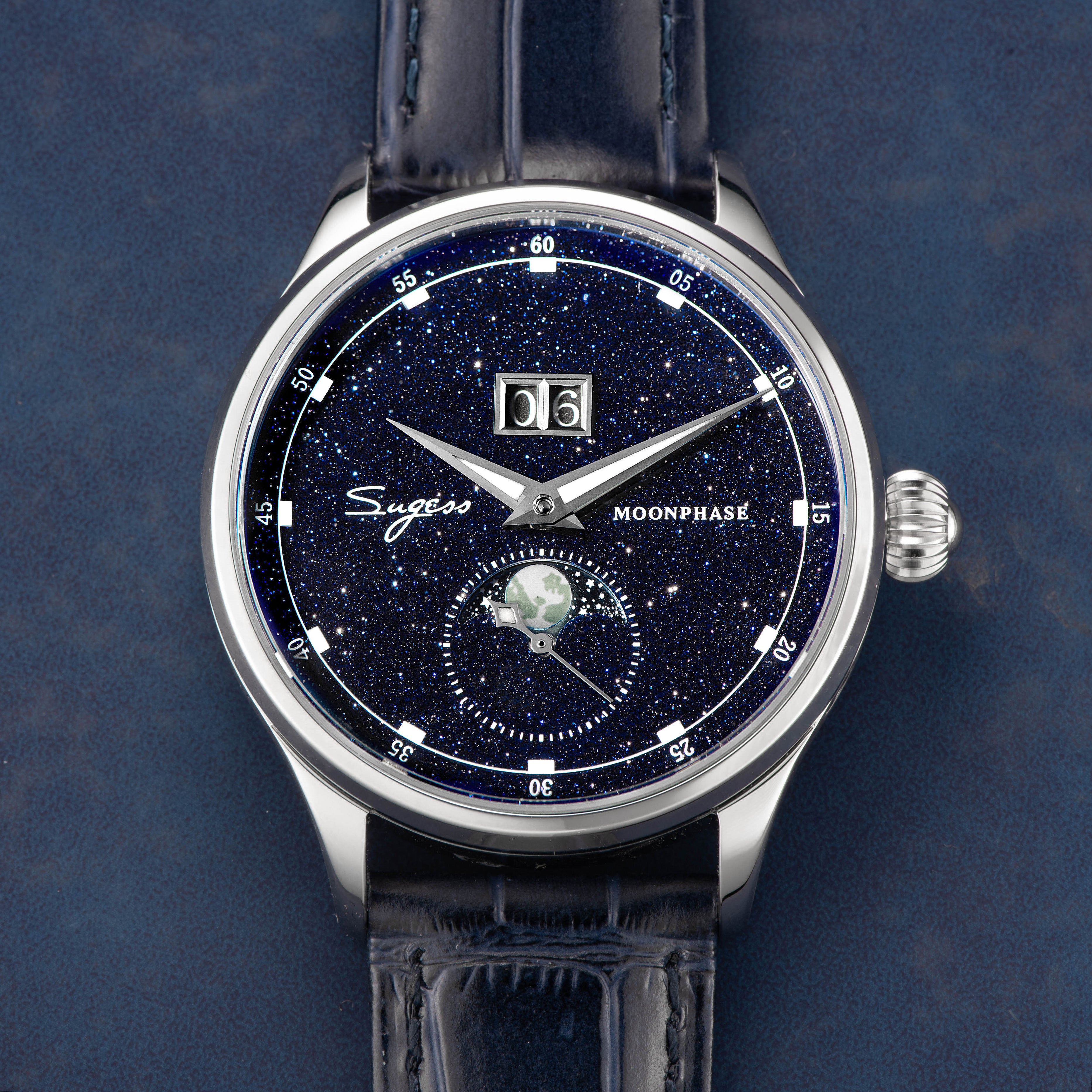 Sugess MOONPHASE MASTER Blue Gold Stone Star Dust Dial Moonphase 