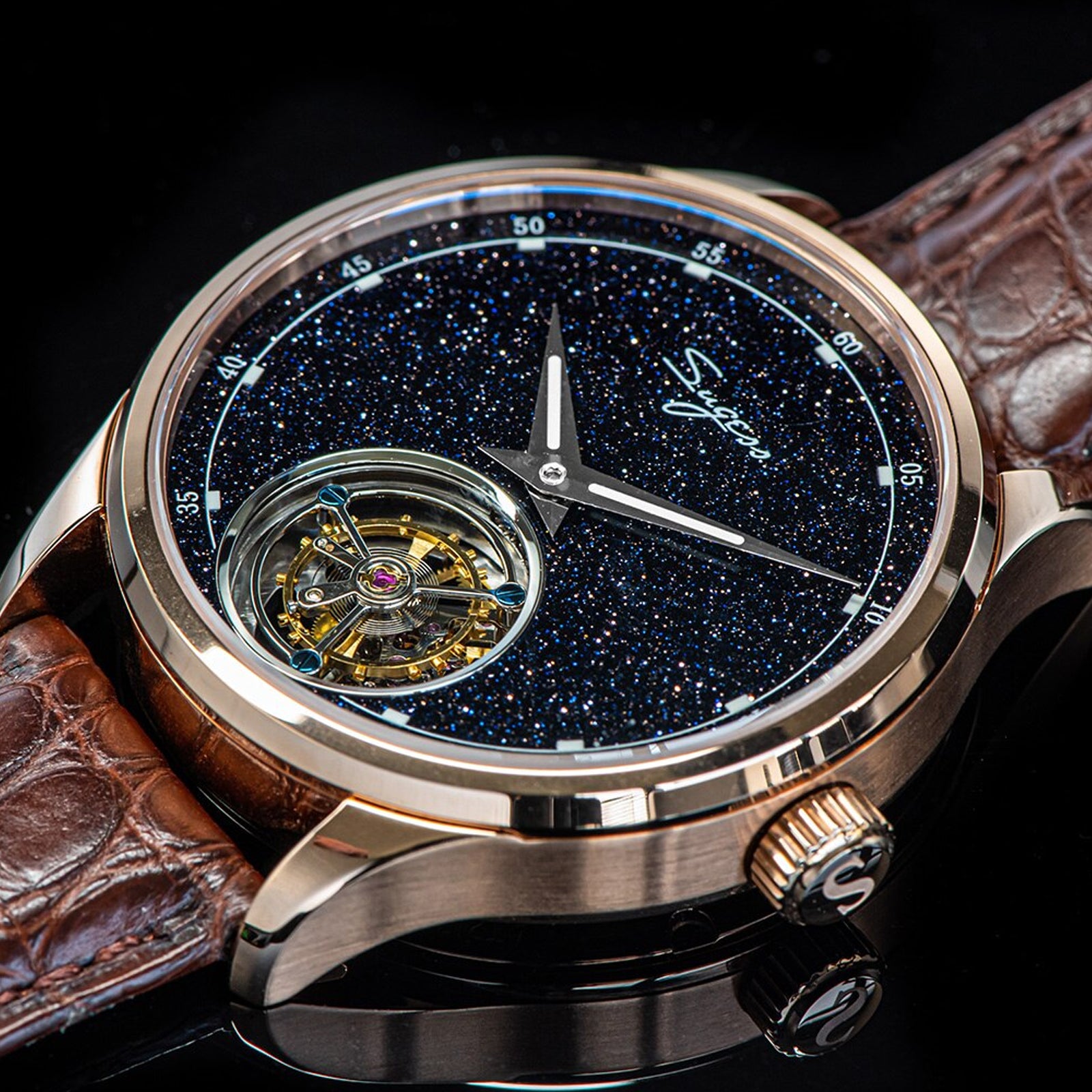 Sugess BlueGold Stone Dial Seagull ST8230 Tourbillon Movement