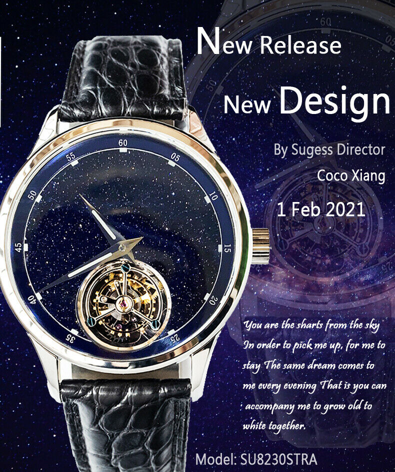 Sugess BlueGold Stone Dial Seagull ST8230 Tourbillon
